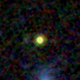 Colour composite: F444W red, F356W green, F277W blue, 3.2 arcsec across, north up