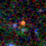Colour composite: F444W red, F356W green, F277W blue, 3.2 arcsec across, north up