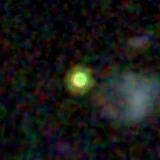 Colour composite: F444W red, F356W green, F277W blue, 3.2 arcsec across, north up