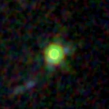 Colour composite: F444W red, F356W green, F277W blue, 3.2 arcsec across, north up