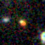 Colour composite: F444W red, F356W green, F277W blue, 3.2 arcsec across, north up