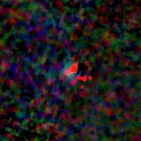 Colour composite: F444W red, F356W green, F277W blue, 3.2 arcsec across, north up