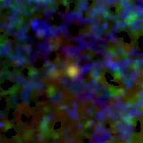 Colour composite: F444W red, F356W green, F277W blue, 3.2 arcsec across, north up