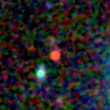 Colour composite: F444W red, F356W green, F277W blue, 3.2 arcsec across, north up