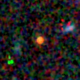 Colour composite: F444W red, F356W green, F277W blue, 3.2 arcsec across, north up