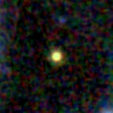 Colour composite: F444W red, F356W green, F277W blue, 3.2 arcsec across, north up
