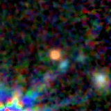 Colour composite: F444W red, F356W green, F277W blue, 3.2 arcsec across, north up