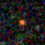Colour composite: F444W red, F356W green, F277W blue, 3.2 arcsec across, north up