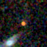 Colour composite: F444W red, F356W green, F277W blue, 3.2 arcsec across, north up