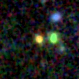 Colour composite: F444W red, F356W green, F277W blue, 3.2 arcsec across, north up
