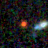 Colour composite: F444W red, F356W green, F277W blue, 3.2 arcsec across, north up