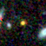 Colour composite: F444W red, F356W green, F277W blue, 3.2 arcsec across, north up