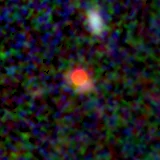 Colour composite: F444W red, F356W green, F277W blue, 3.2 arcsec across, north up