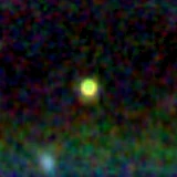 Colour composite: F444W red, F356W green, F277W blue, 3.2 arcsec across, north up