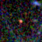 Colour composite: F444W red, F356W green, F277W blue, 3.2 arcsec across, north up