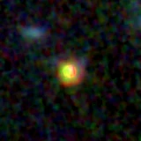 Colour composite: F444W red, F356W green, F277W blue, 3.2 arcsec across, north up