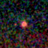 Colour composite: F444W red, F356W green, F277W blue, 3.2 arcsec across, north up