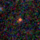 Colour composite: F444W red, F356W green, F277W blue, 3.2 arcsec across, north up