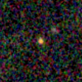 Colour composite: F444W red, F356W green, F277W blue, 3.2 arcsec across, north up