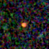 Colour composite: F444W red, F356W green, F277W blue, 3.2 arcsec across, north up