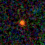 Colour composite: F444W red, F356W green, F277W blue, 3.2 arcsec across, north up