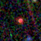 Colour composite: F444W red, F356W green, F277W blue, 3.2 arcsec across, north up
