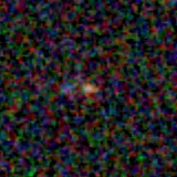 Colour composite: F444W red, F356W green, F277W blue, 3.2 arcsec across, north up