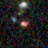 Colour composite: F444W red, F356W green, F277W blue, 3.2 arcsec across, north up