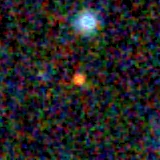 Colour composite: F444W red, F356W green, F277W blue, 3.2 arcsec across, north up