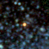 Colour composite: F444W red, F356W green, F277W blue, 3.2 arcsec across, north up