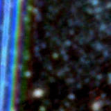 Colour composite: F444W red, F356W green, F277W blue, 3.2 arcsec across, north up