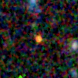 Colour composite: F444W red, F356W green, F277W blue, 3.2 arcsec across, north up
