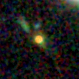 Colour composite: F444W red, F356W green, F277W blue, 3.2 arcsec across, north up