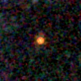 Colour composite: F444W red, F356W green, F277W blue, 3.2 arcsec across, north up