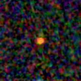 Colour composite: F444W red, F356W green, F277W blue, 3.2 arcsec across, north up