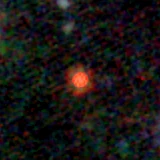 Colour composite: F444W red, F356W green, F277W blue, 3.2 arcsec across, north up