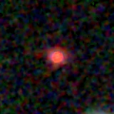 Colour composite: F444W red, F356W green, F277W blue, 3.2 arcsec across, north up