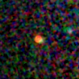 Colour composite: F444W red, F356W green, F277W blue, 3.2 arcsec across, north up