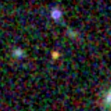 Colour composite: F444W red, F356W green, F277W blue, 3.2 arcsec across, north up