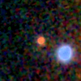 Colour composite: F444W red, F356W green, F277W blue, 3.2 arcsec across, north up
