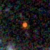 Colour composite: F444W red, F356W green, F277W blue, 3.2 arcsec across, north up