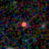 Colour composite: F444W red, F356W green, F277W blue, 3.2 arcsec across, north up