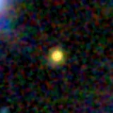 Colour composite: F444W red, F356W green, F277W blue, 3.2 arcsec across, north up