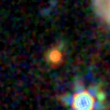 Colour composite: F444W red, F356W green, F277W blue, 3.2 arcsec across, north up