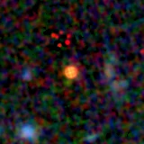 Colour composite: F444W red, F356W green, F277W blue, 3.2 arcsec across, north up
