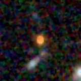 Colour composite: F444W red, F356W green, F277W blue, 3.2 arcsec across, north up