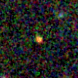Colour composite: F444W red, F356W green, F277W blue, 3.2 arcsec across, north up