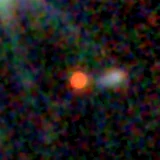 Colour composite: F444W red, F356W green, F277W blue, 3.2 arcsec across, north up