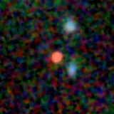 Colour composite: F444W red, F356W green, F277W blue, 3.2 arcsec across, north up