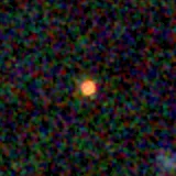 Colour composite: F444W red, F356W green, F277W blue, 3.2 arcsec across, north up